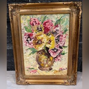 ORIGINAL ART VINTAGE FLORAL Oil painting IMPASTO Style Artist Signed Gold Framed